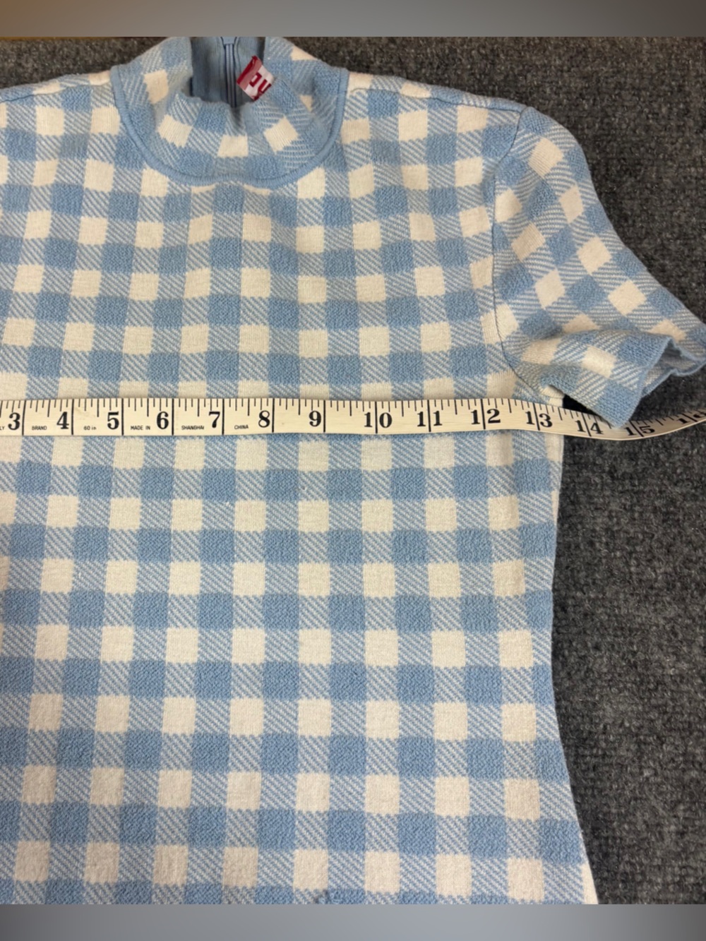 STAUD Women’s Blue/White Plaid Print Short Sleeve Midi Dress Mock Neck - Small - Picture 10 of 11